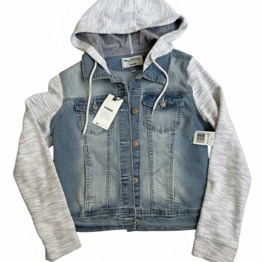 NWT WallFlower Women's Large Hooded Denim Jean Jacket Knit Sleeves Blue Travel